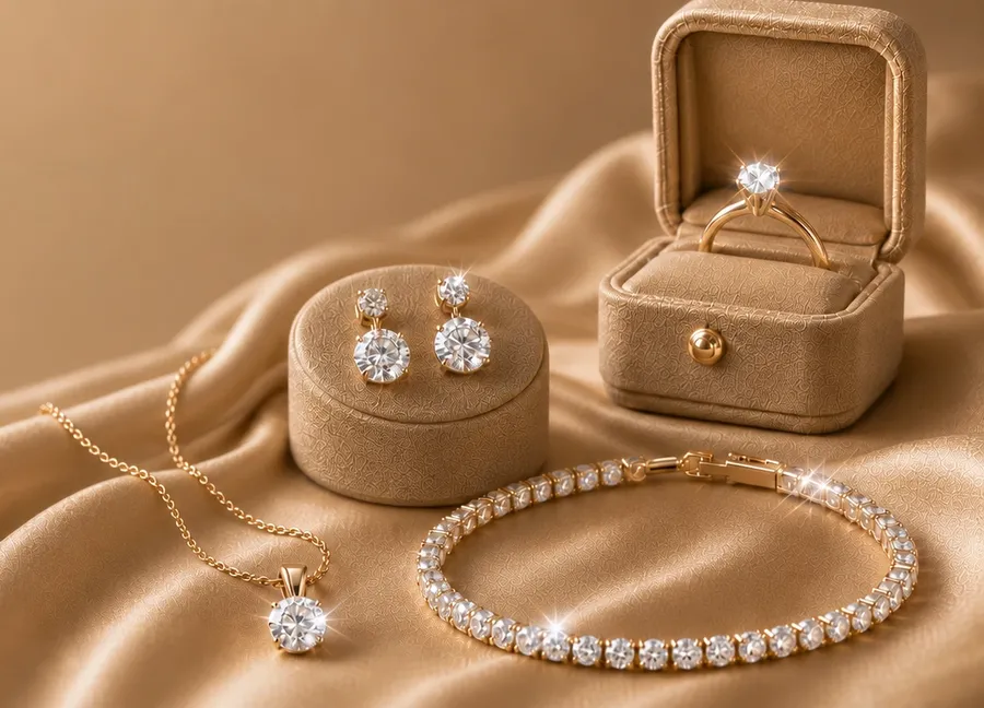 Бижута Van Haute Jewellery – пръстен с диамант, обеци, колие и тенис гривна върху сатен